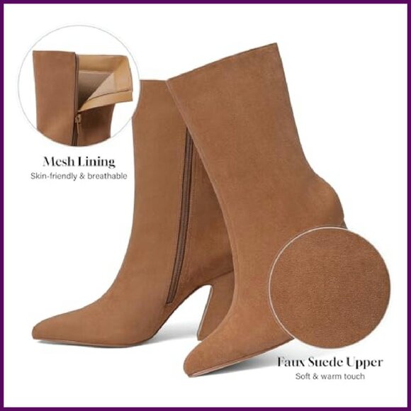Women's Suede Ankle Boots Pointed Toe 3.35" Heel Wide Calf Winter Booties - Picture 6 of 8